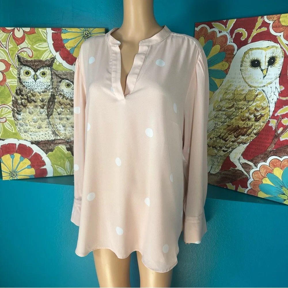 LOFT Plus Blouse Size 18 Pink Polka Dot Long Sleeve V-Neck Lightweight Top - Picture 5 of 7